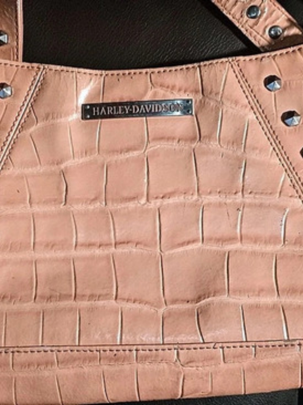 Harley-Davidson Vintage Peach Pink Croc Embossed Studded Leather Charm Purse